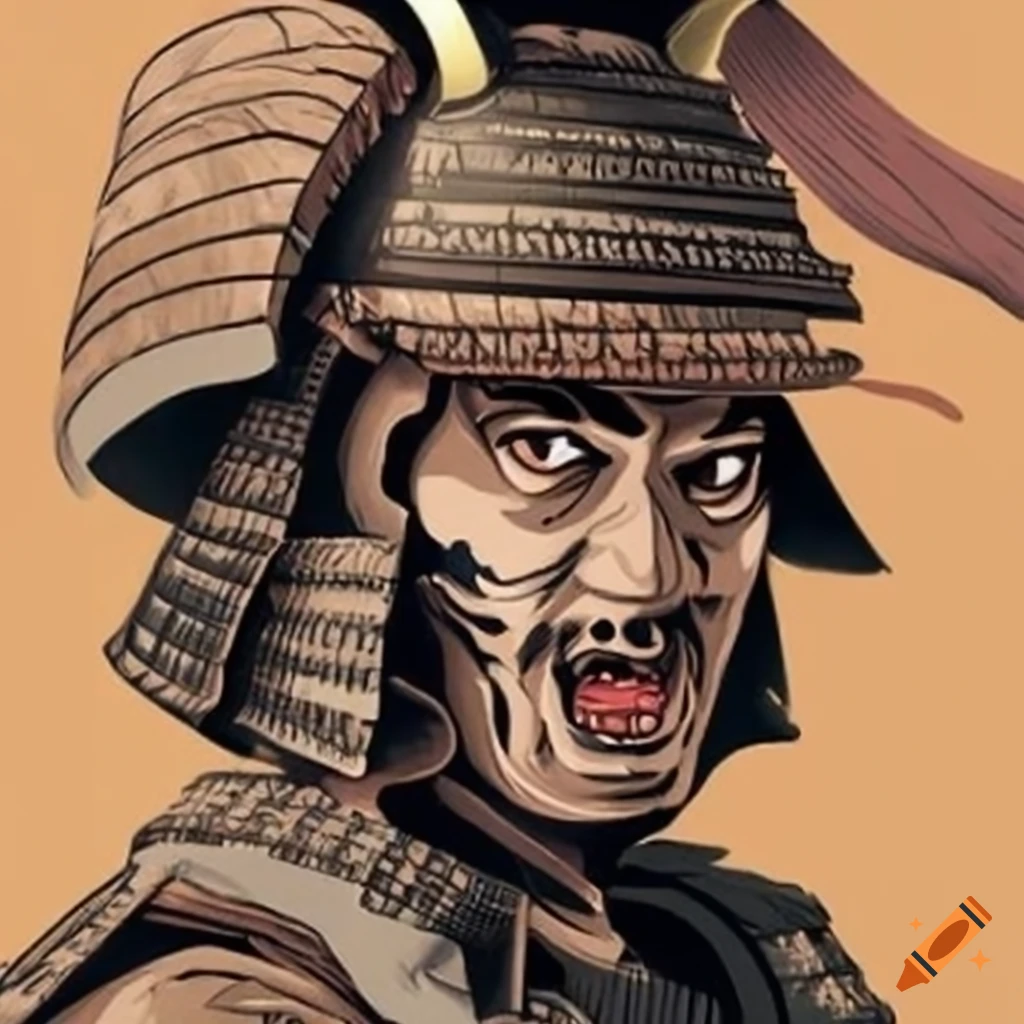 Samurai in ukiyo-e style woodblock print with a splash of black behind