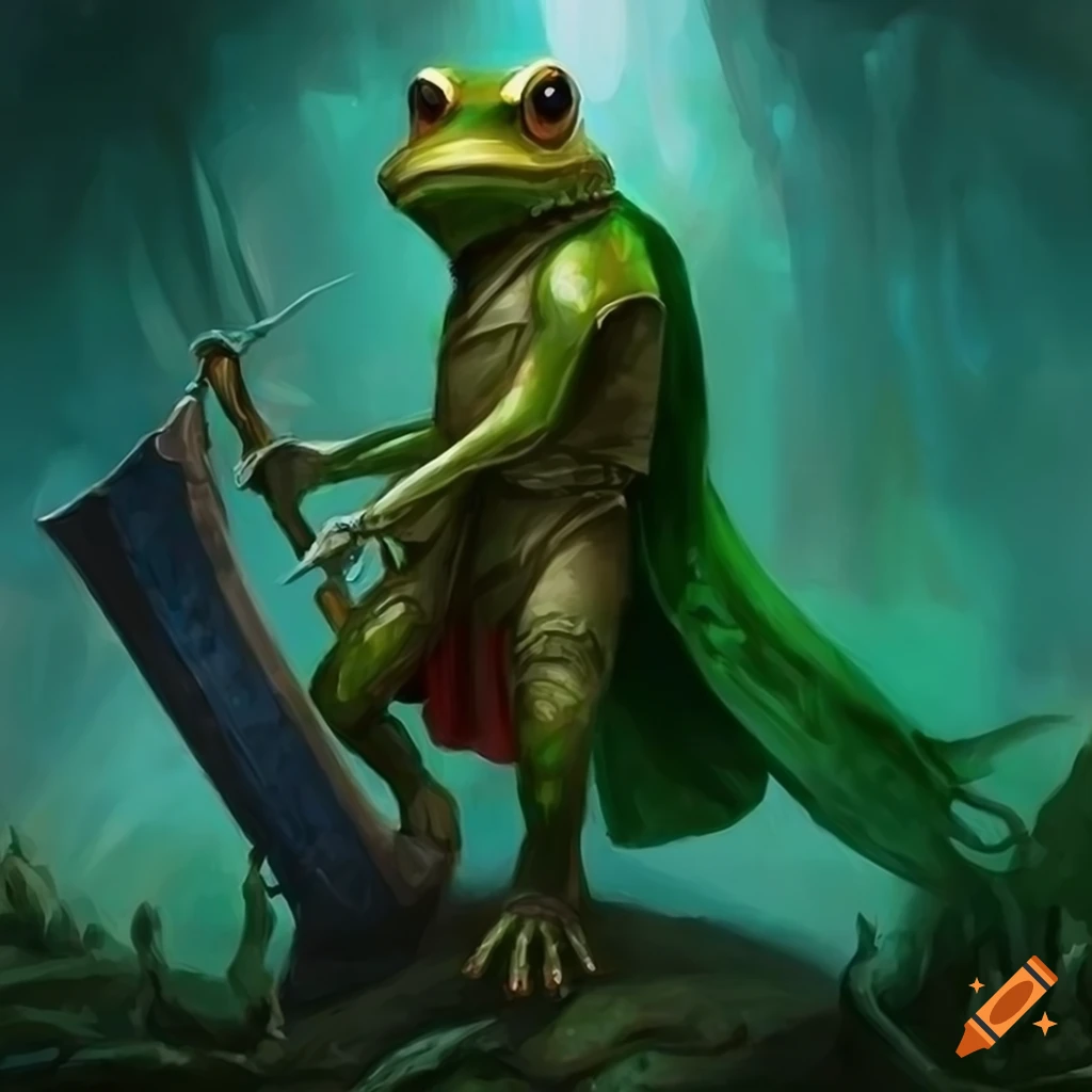 Fantasy frog knight with green cape and large sword in high-quality painting