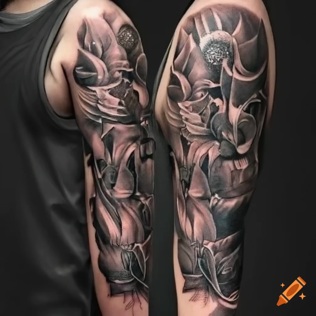Realistic tattoo art depicting Buddhism on a right arm sleeve