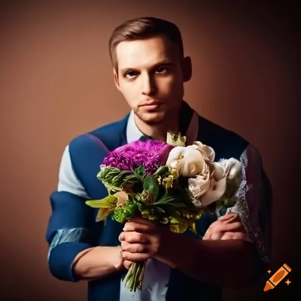 Well-dressed man offering bouquet at cozy bungalow