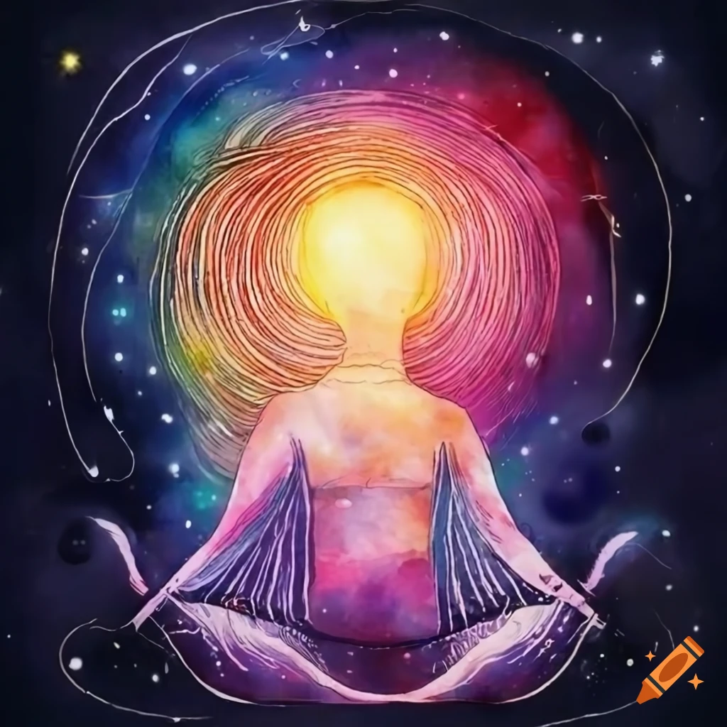 Human aura with bright warm colors and stars and planets in a Ukiyo-e style illustration