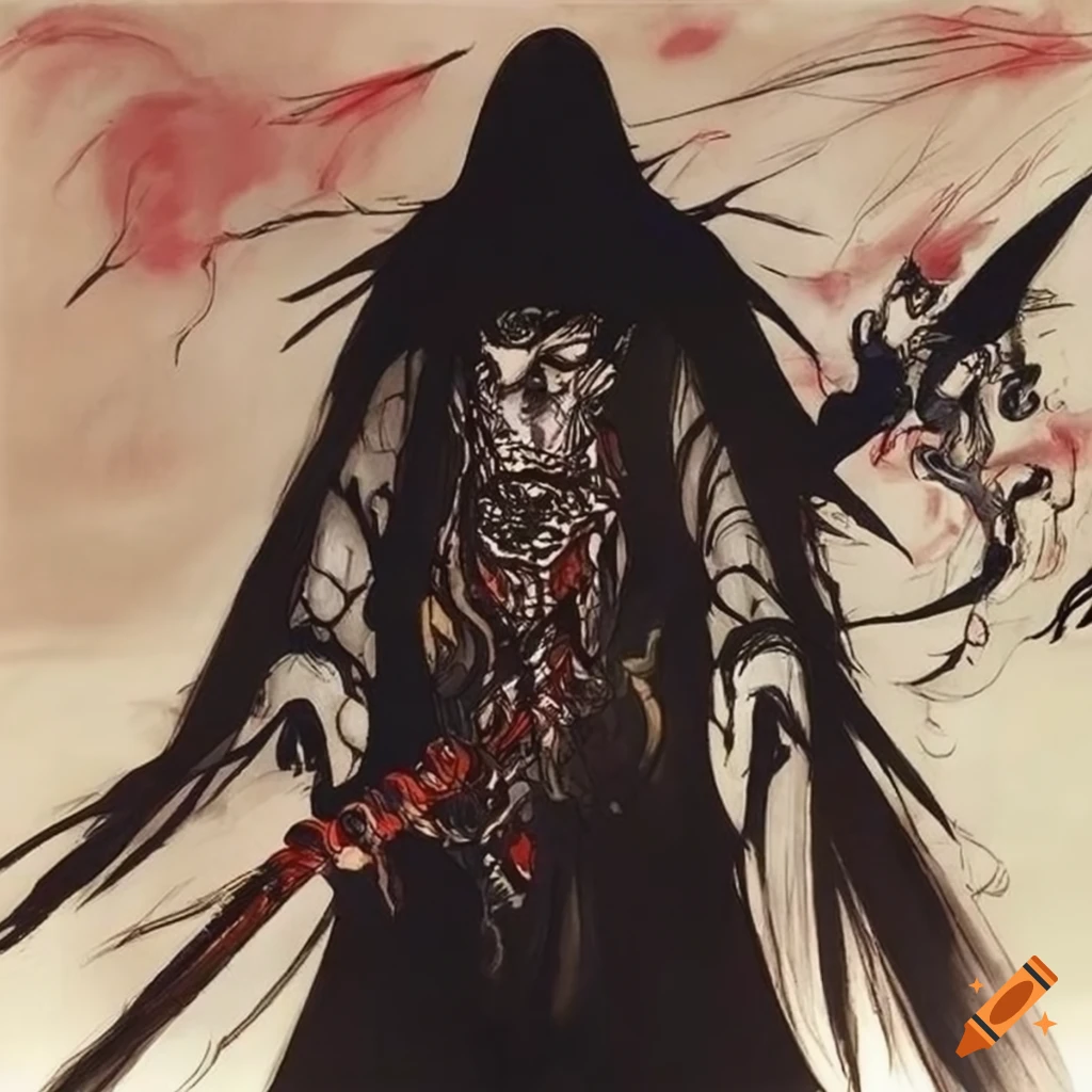Powerful warrior in a dark cloak inspired by Yoshitaka Amano's style on ...