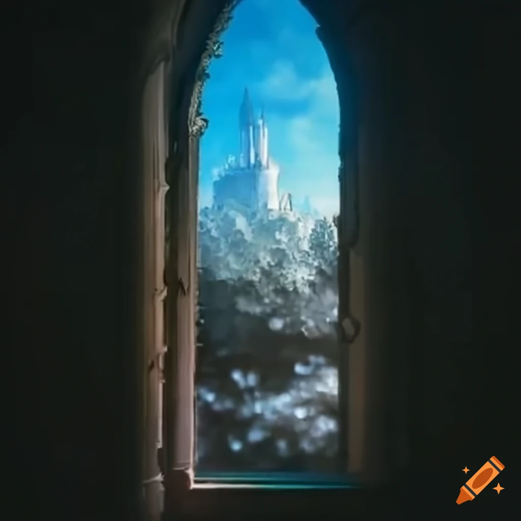Anime princess girl looking out of a castle window