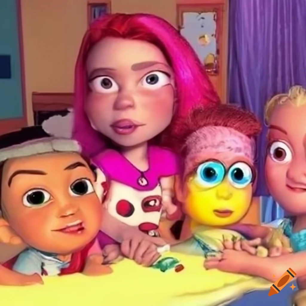 Rainbow skin Pixar baddies in a family photo from the 2000s