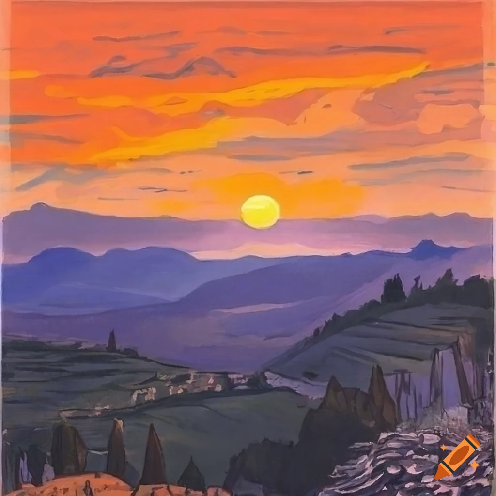 Italian landscape at sunset in Toscana with a starry night sky in a Shagall Style anime illustration