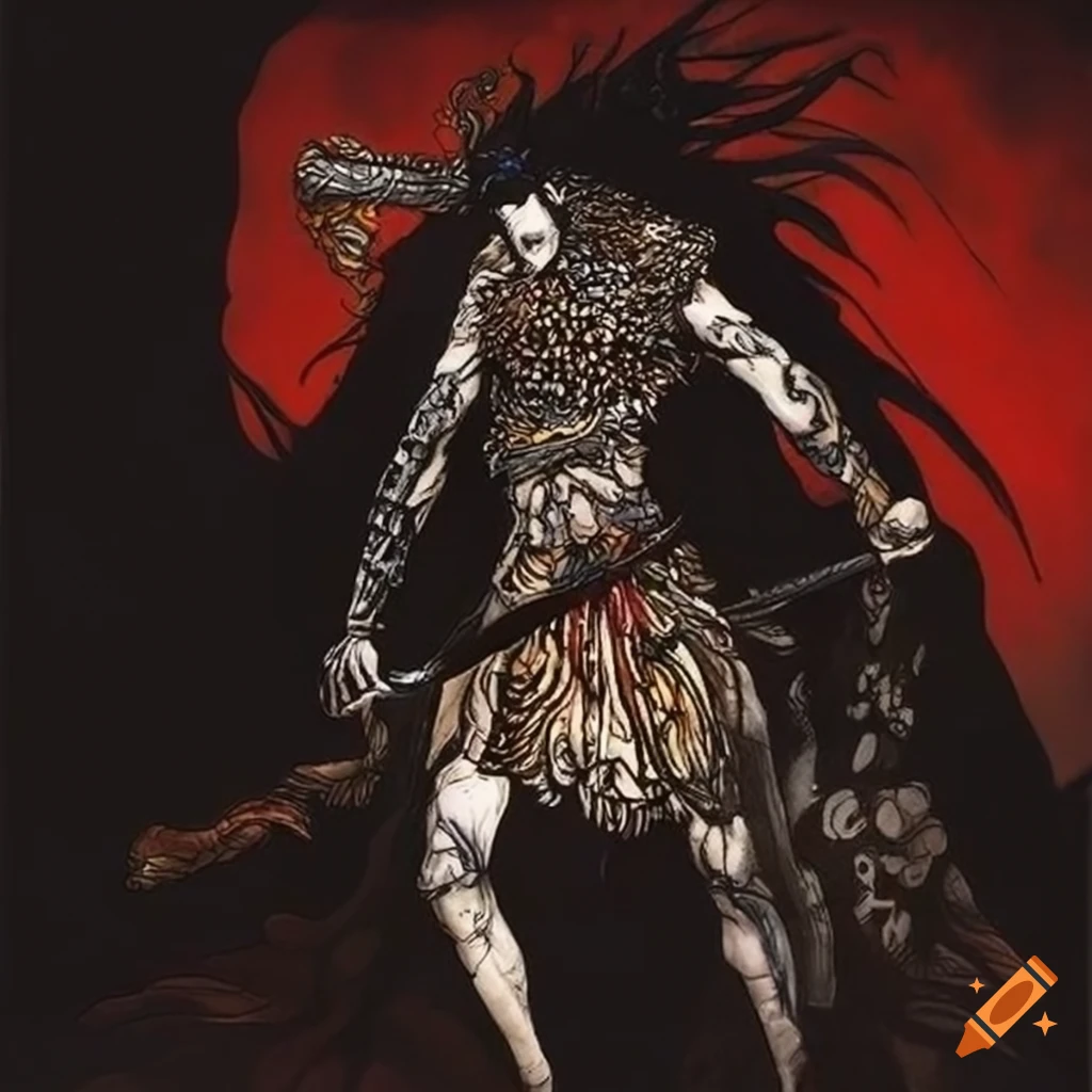Powerful warrior veiled in darkness and detailed tattoos inspired by ...