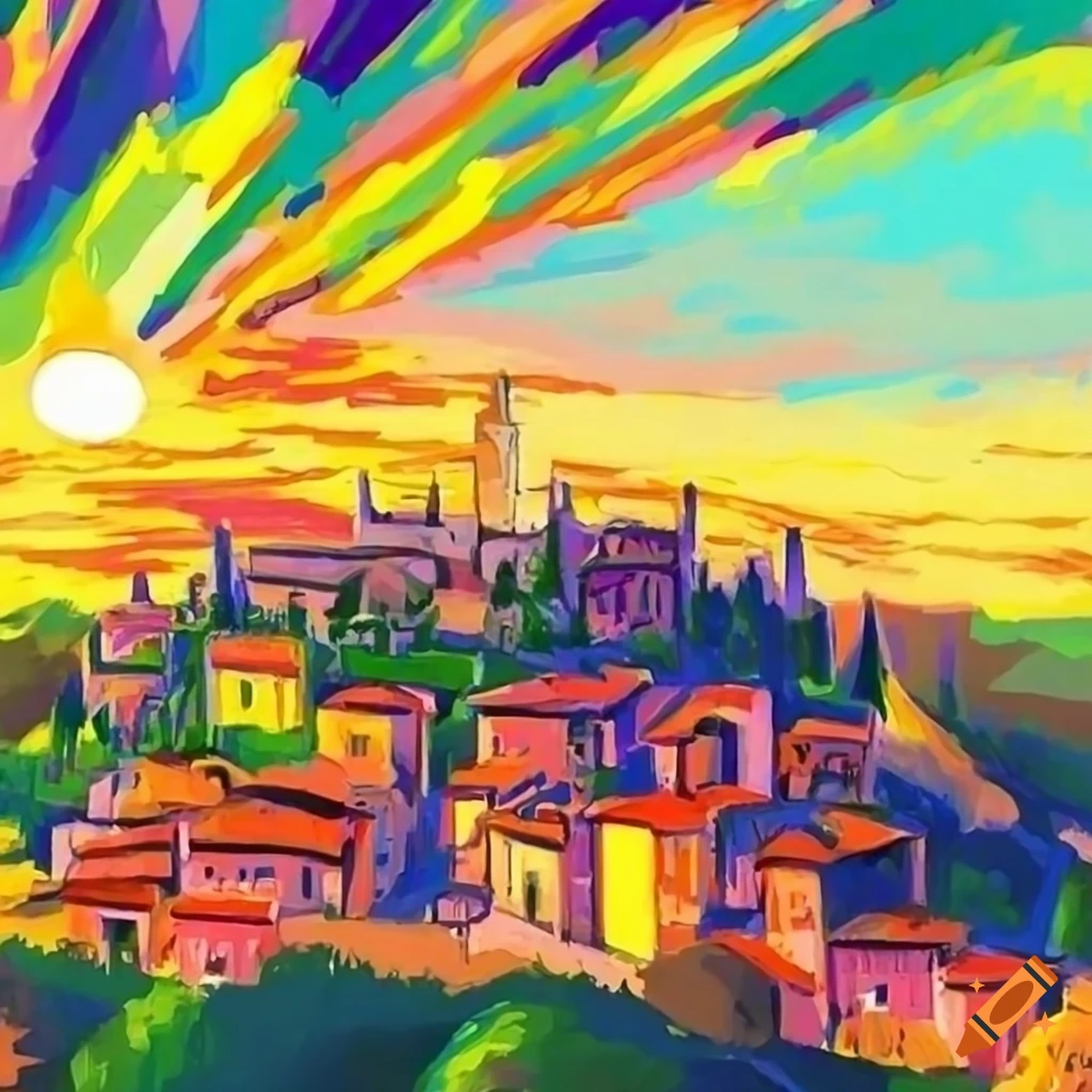 Italian landscape at sunset in Toscana with a starry night sky in a Shagall Style anime illustration
