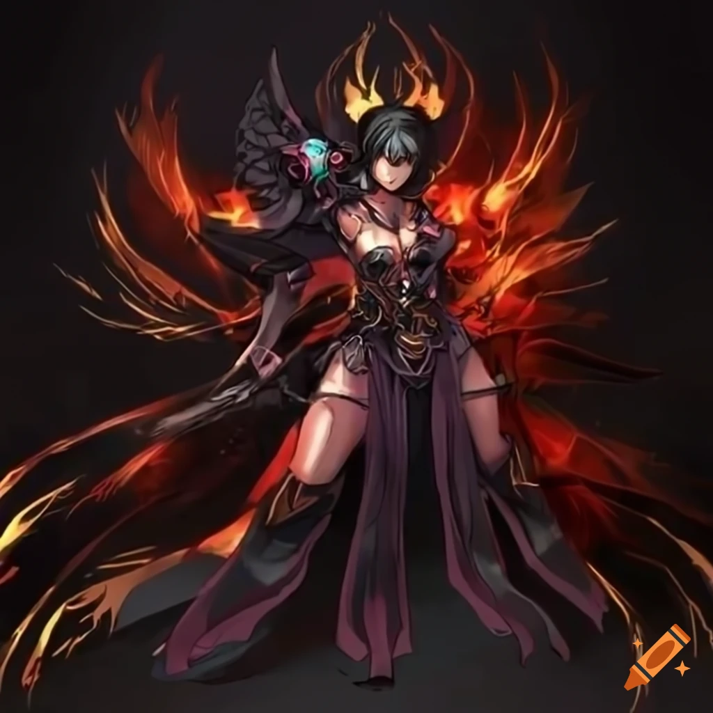Anime shaman with black hair in temple-shaped cloth and robotic armor