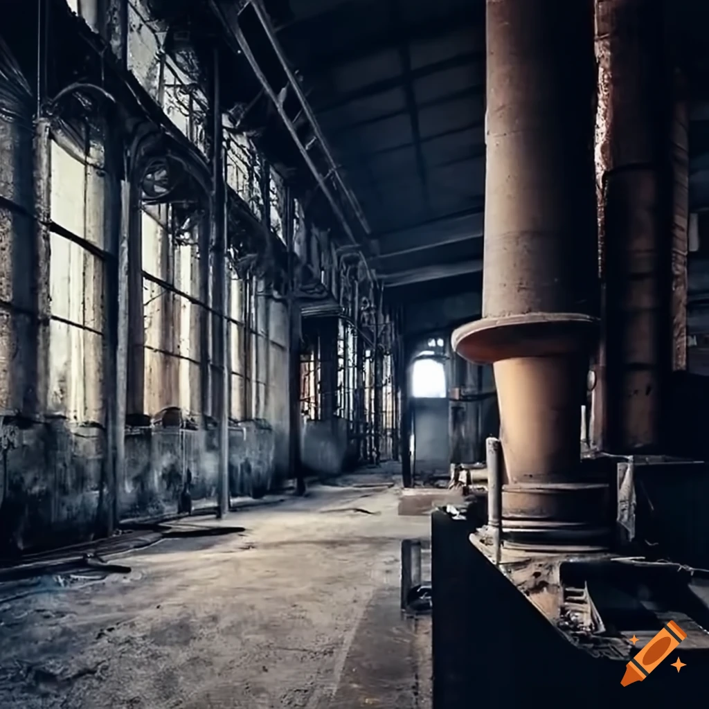 1930 factory interior with concrete pipes, metal galleries, and furnaces by George Grozs