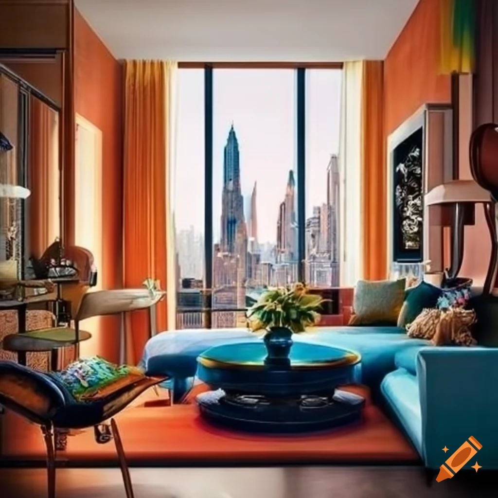Interior of a New York penthouse with maximalist design and city skyline view