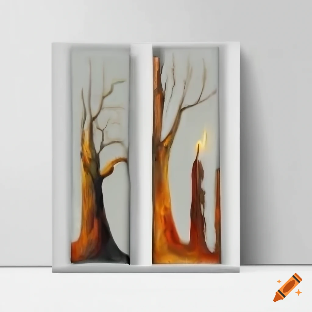 Oak tree-shaped wax candles casting shadows in a white space