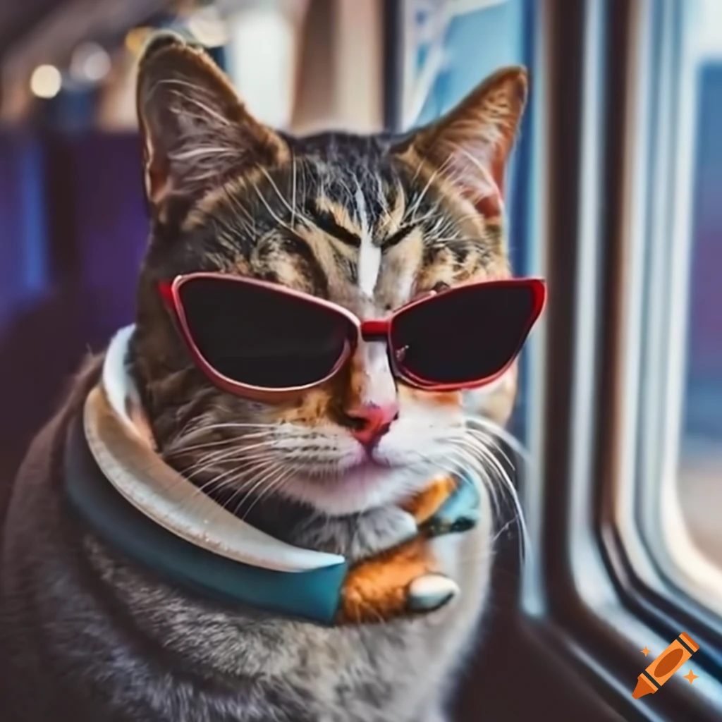 Cat wearing sunglasses watching a phone on a train
