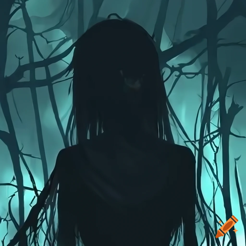 Silhouette of goth woman with thorned vines in dark forest - 4k Ultra HD