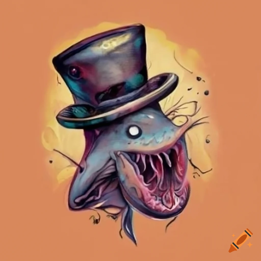 Black and white tattoo of a catfish with a top hat in a backpack