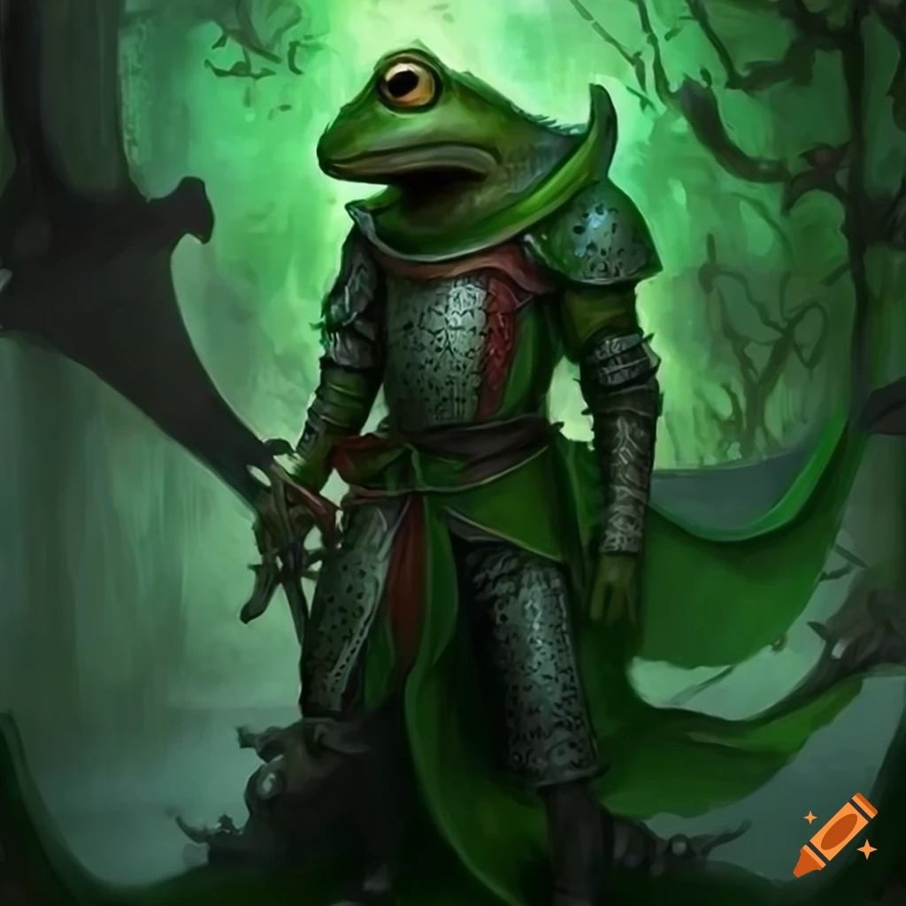Fantasy frog knight with green cape and large sword in high-quality painting