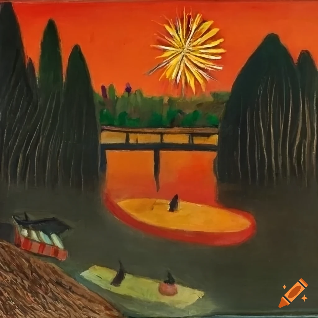 Lake with fireworks and a bridge in the style of various artists in a frame