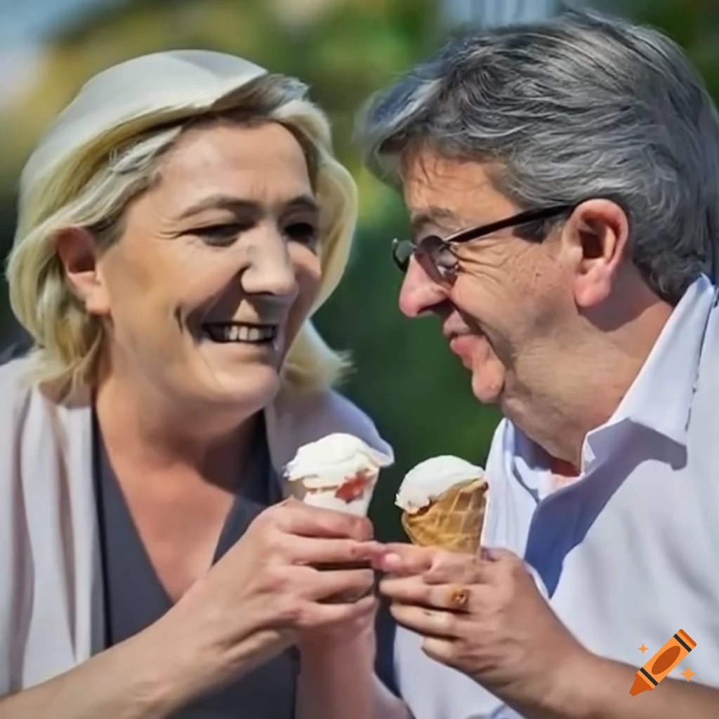 French politicians Marine Le Pen and Jean-Luc Mélenchon sharing an ice cream cone on a sunny day