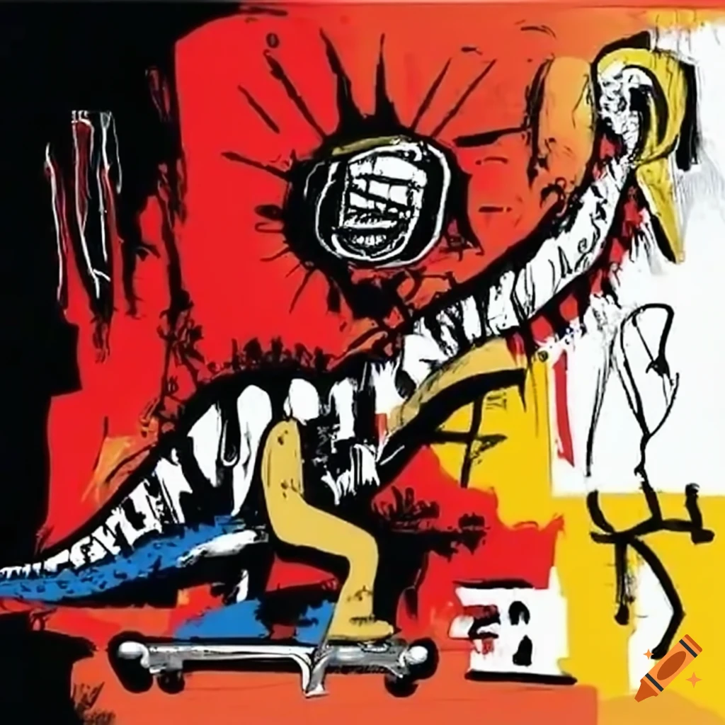 Dinosaur eating a broken skateboard in Basquiat style