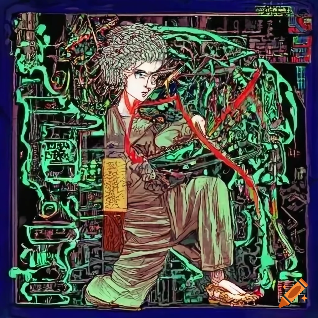 Hacker trapped in the Matrix in Ukiyo-e style with manga influence