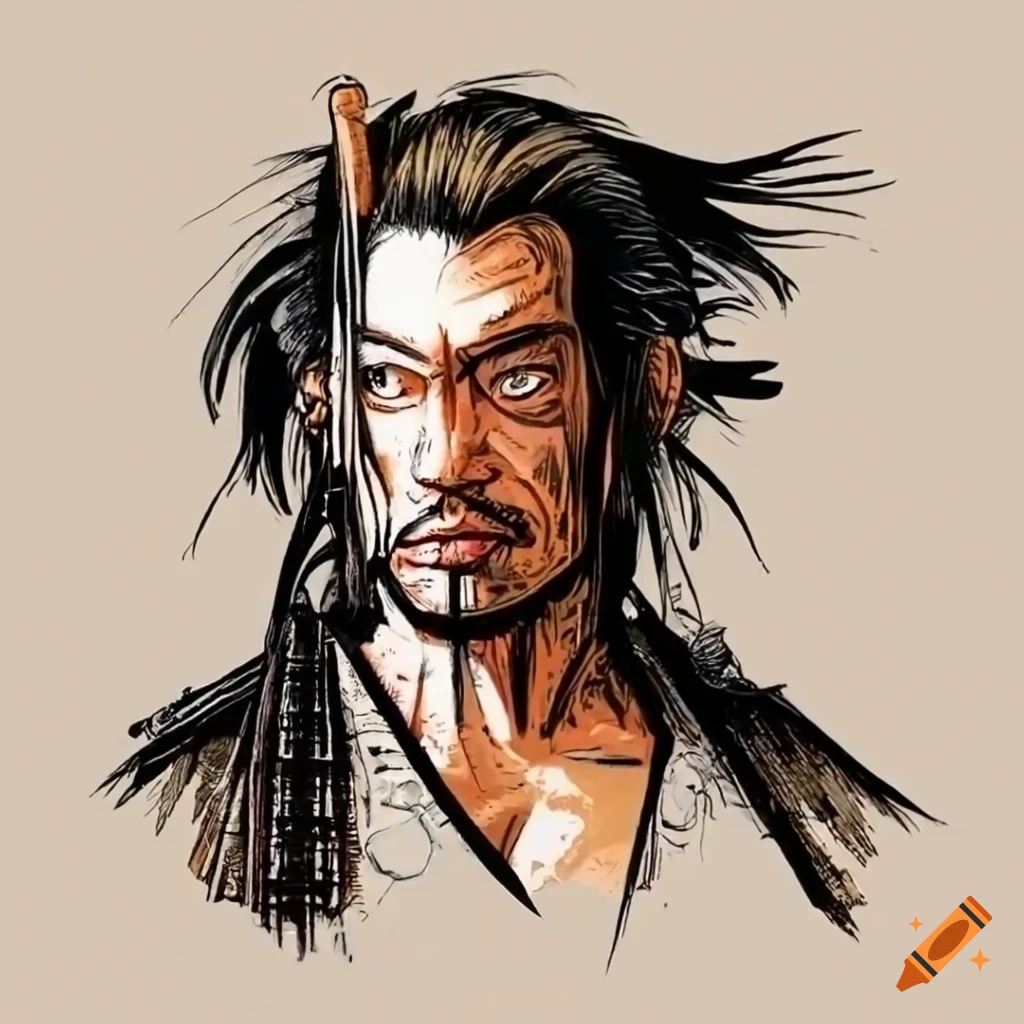 Samurai Miyamoto Musashi in Ukiyo-e style with a post-apocalyptic twist