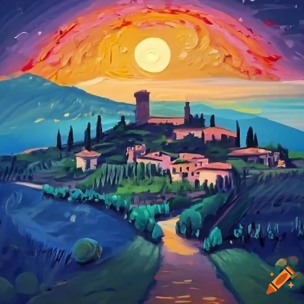 Italian landscape at sunset in Tuscany with a starry night sky in a Shagall Style