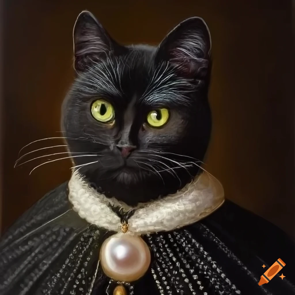 Black cat with a pearl earring in Renaissance painting style
