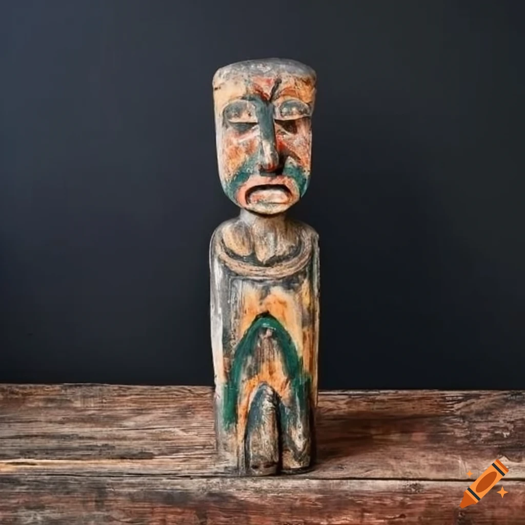 Minimalistic rustic wooden idol painted in Giger style