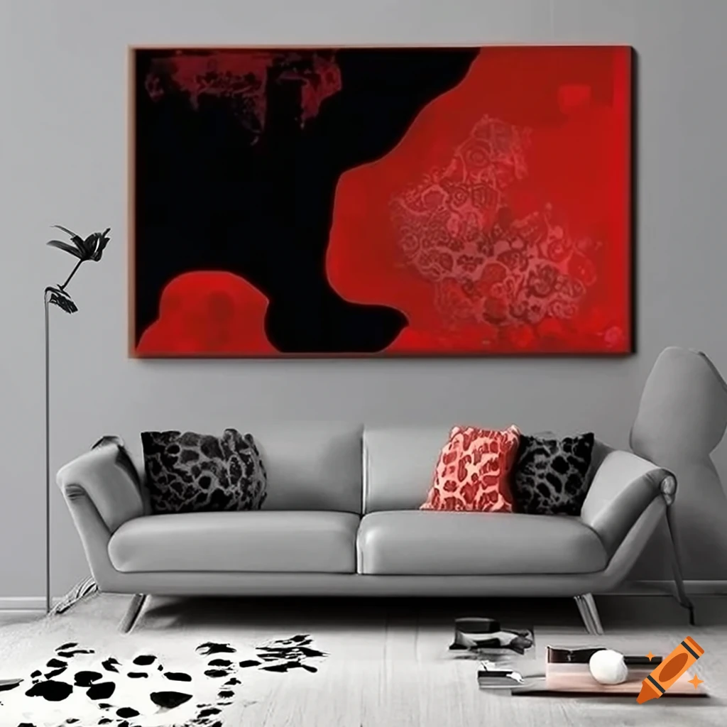 Modern living room with gray leather couch, leopard print rug, and