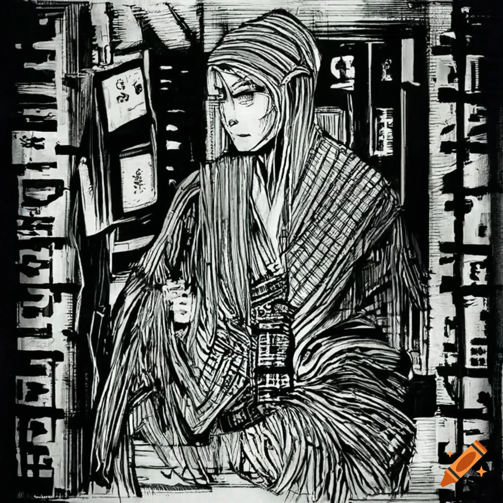 Hacker trapped in the Matrix in Ukiyo-e style manga artwork