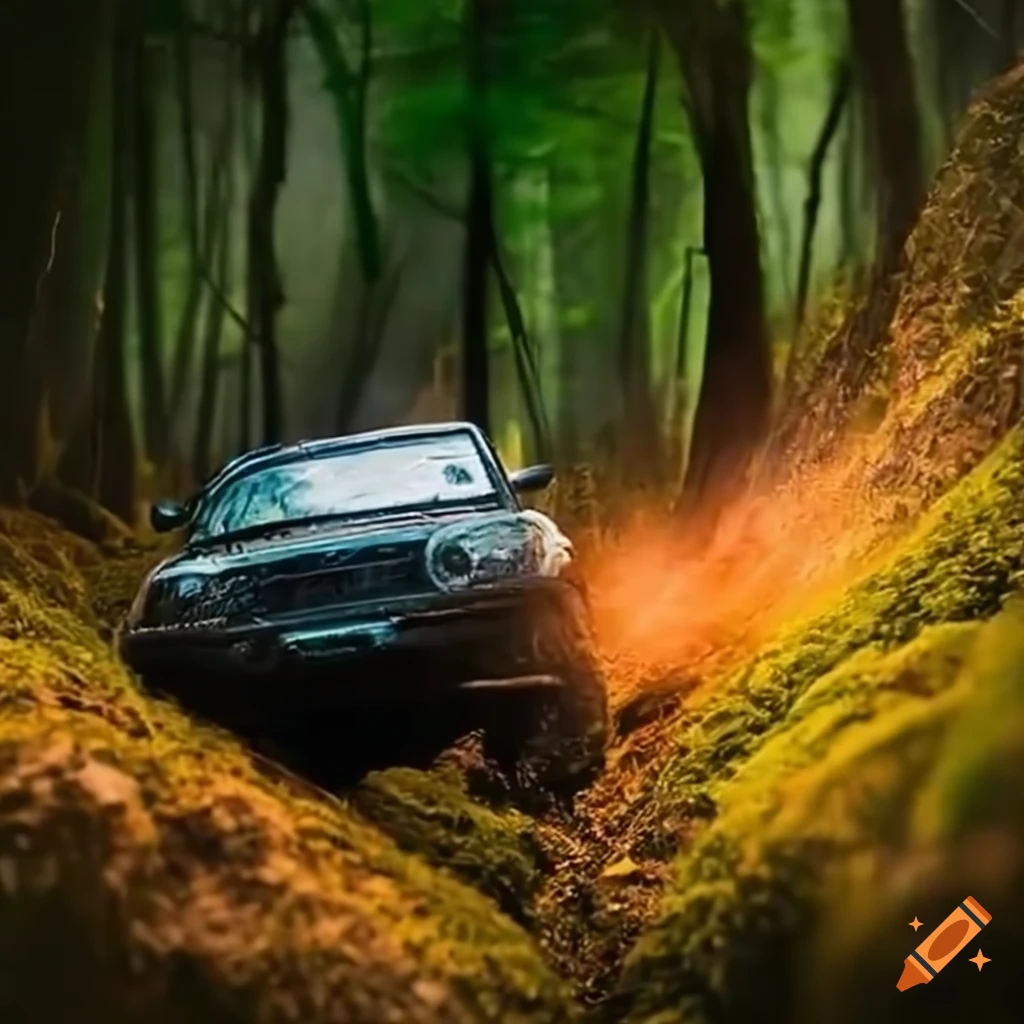Offroad car drifting through a forest