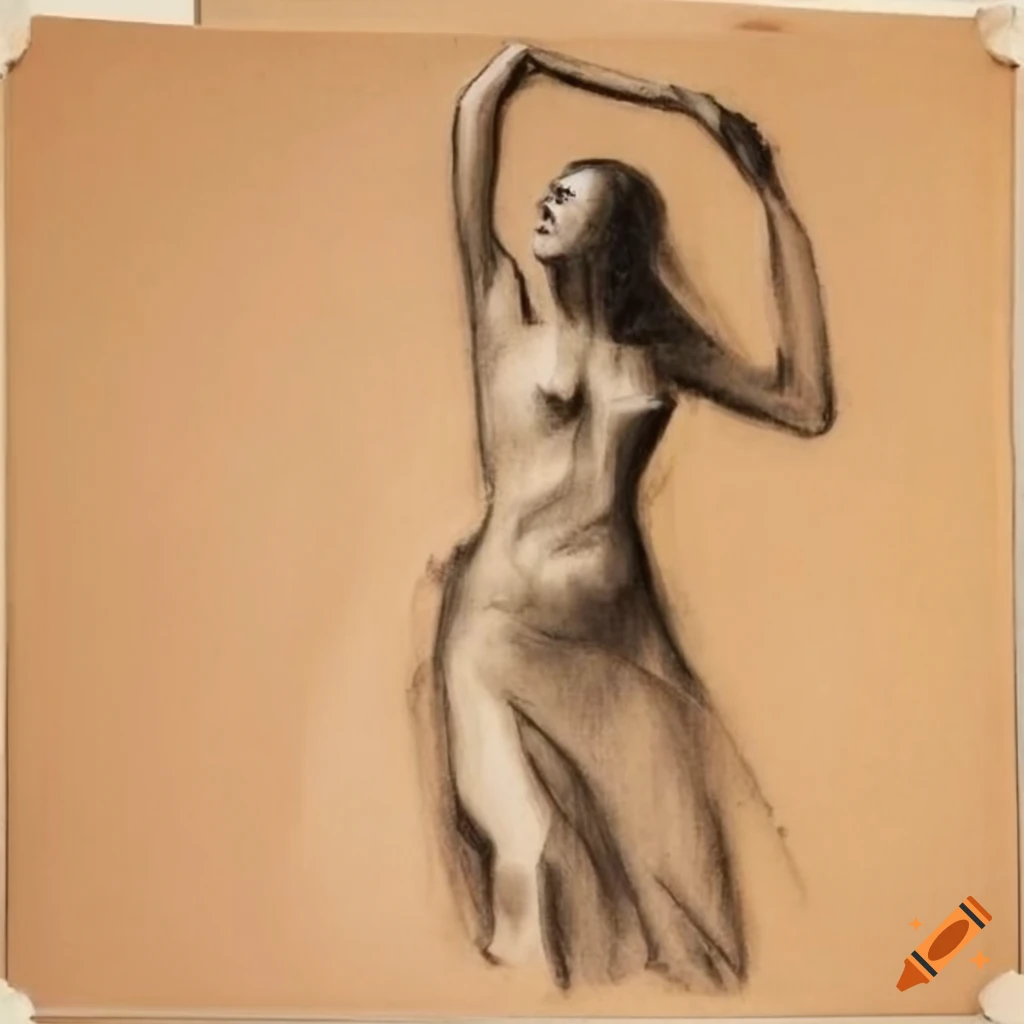 Charcoal drawing of a dancing woman in chiaroscuro style