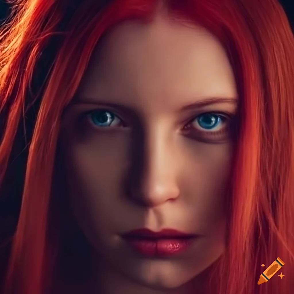 Mid-20s woman with strawberry red hair and bright eyes in fantasy ...