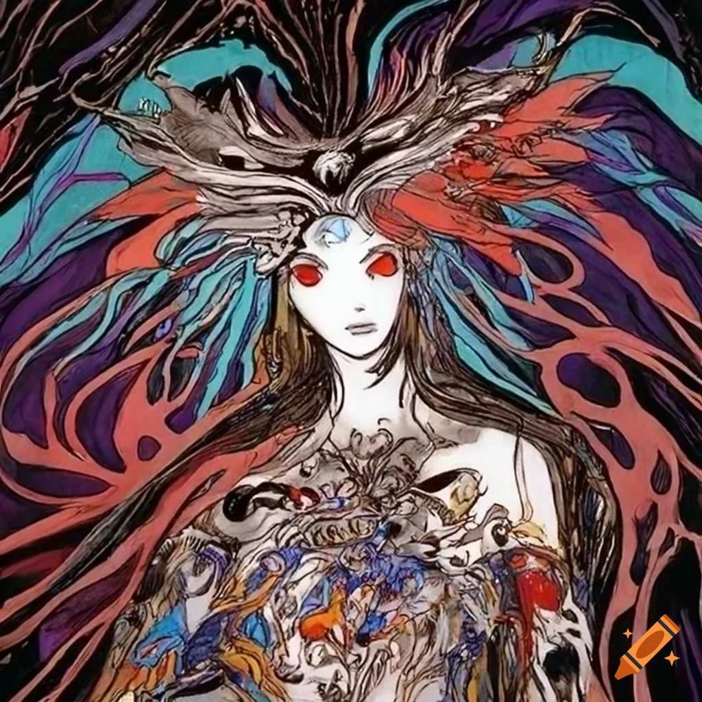 Powerful warrior shrouded in darkness inspired by Yoshitaka Amano's style