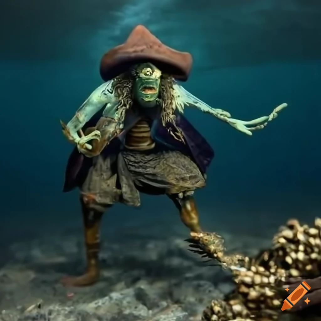 Green squid man pirate captain with crab claw arm in fighting pose