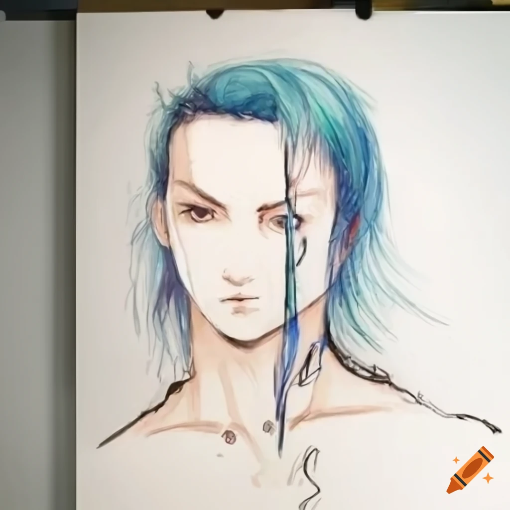 Charismatic young man cyborg in a high-tech bodysuit with cyan hair