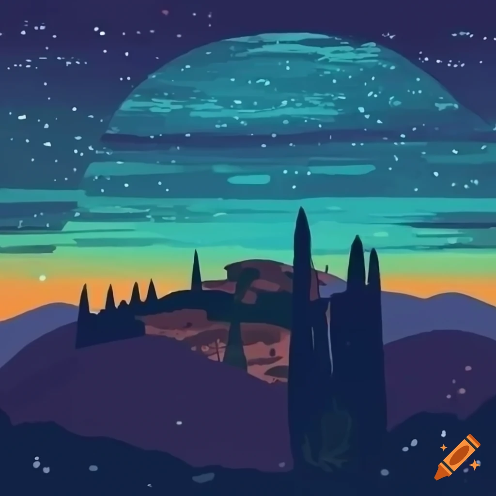 Italian landscape at sunset in Tuscany with a starry night sky in a Shagall Style