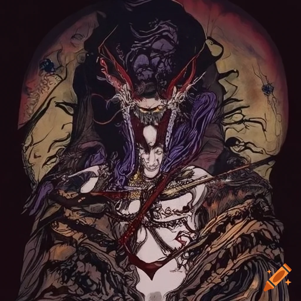 Powerful warrior cloaked in darkness in Yoshitaka Amano style on Craiyon