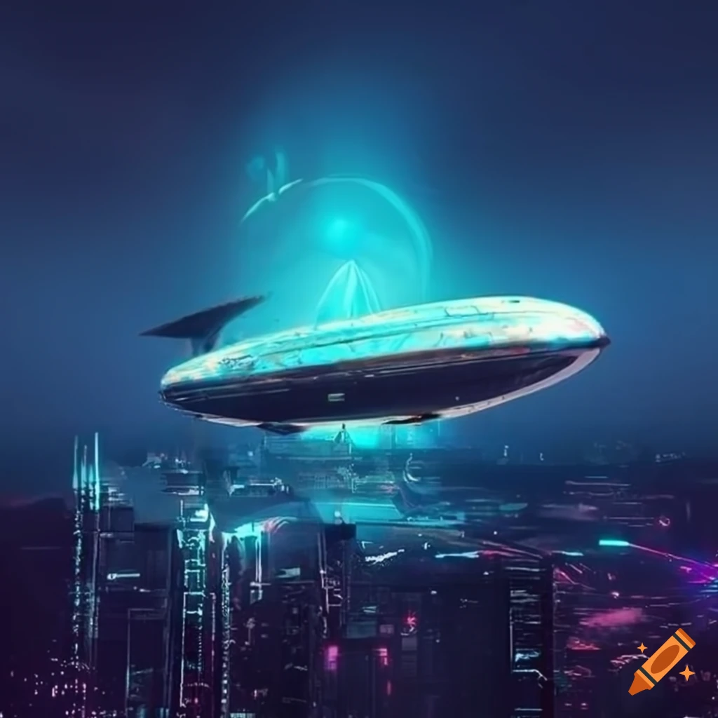 Futuristic cyberpunk zeppelin flying in the sky