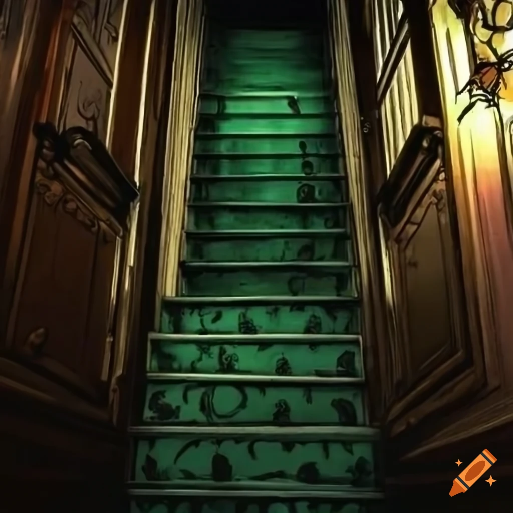 Staircase inspired by Gotham's rogues like Riddler, Joker, Ivy