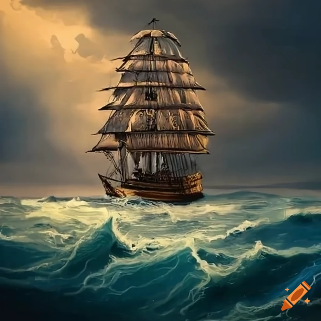 Old sailing ship in a storm with high waves in a whale hunting scene