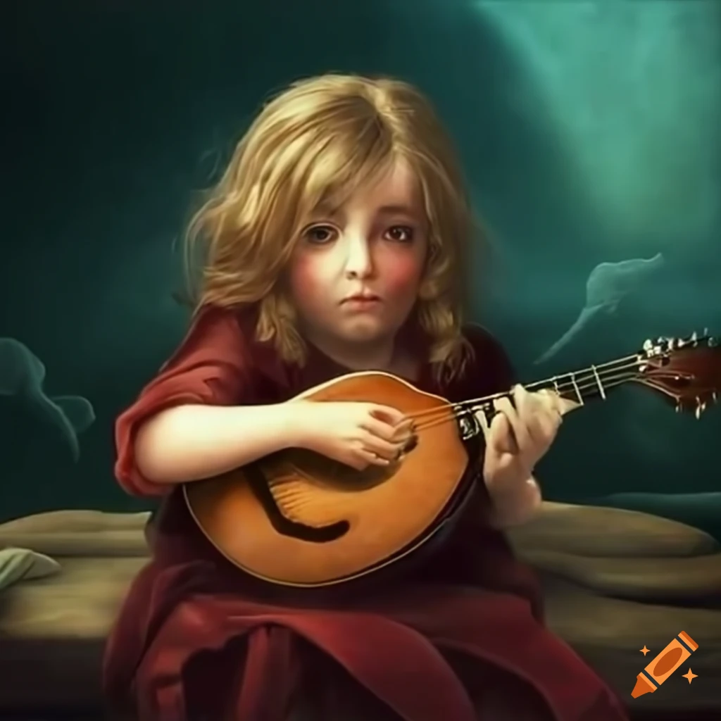 Mysterious child singing with a mandolin renaissance band near crying whales