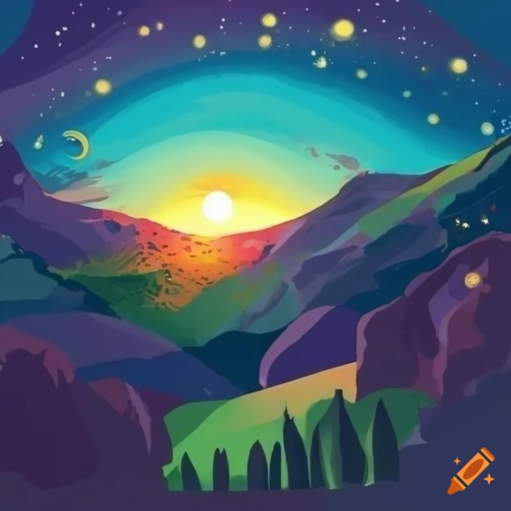 Italian landscape at sunset in Tuscany with a starry night sky in a Shagall Style