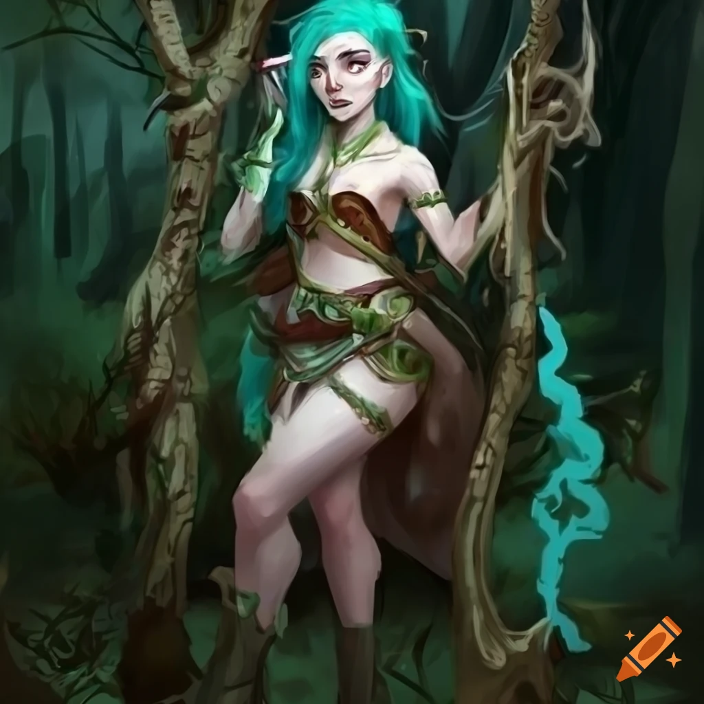 Jinx depicted as a druid with wild green hair and mystical aura in a DnD setting