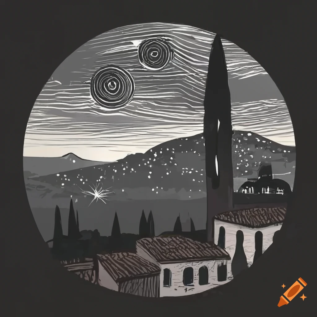 Italian landscape at sunset in Tuscany with a starry night sky in a Shagall Style