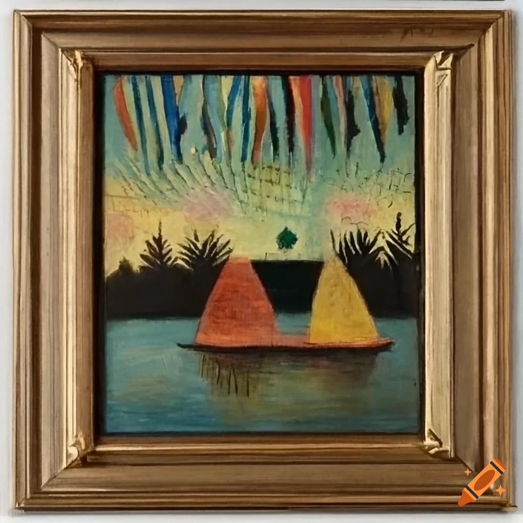 Lake with fireworks and a bridge in the style of various artists in a frame