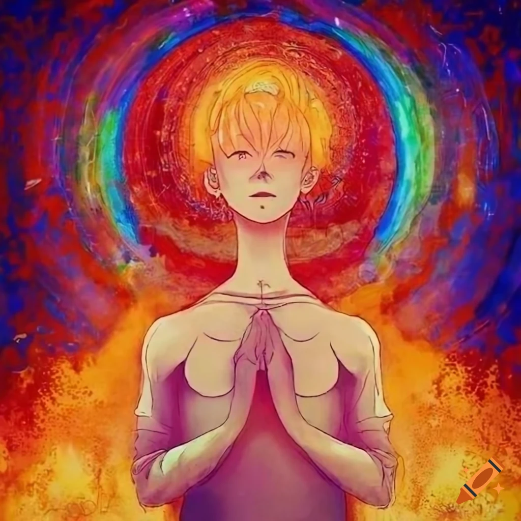 Human aura with bright warm colors and stars in an Ukiyo-e style illustration