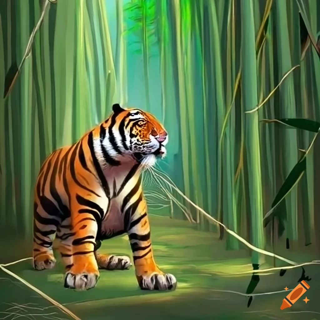 Tiger in bamboo forest with curious and alert expression