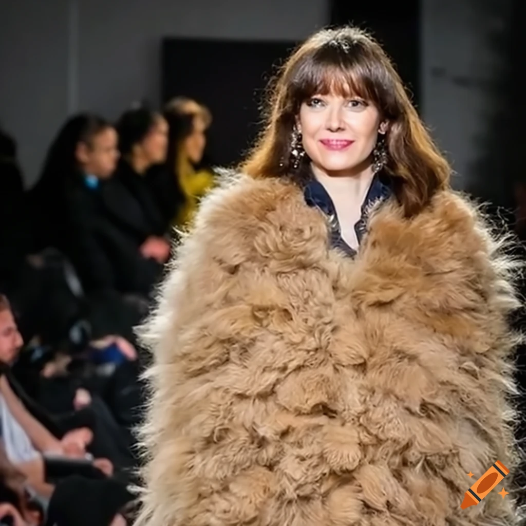 Woman at fashion show in coat made of fluffy balls