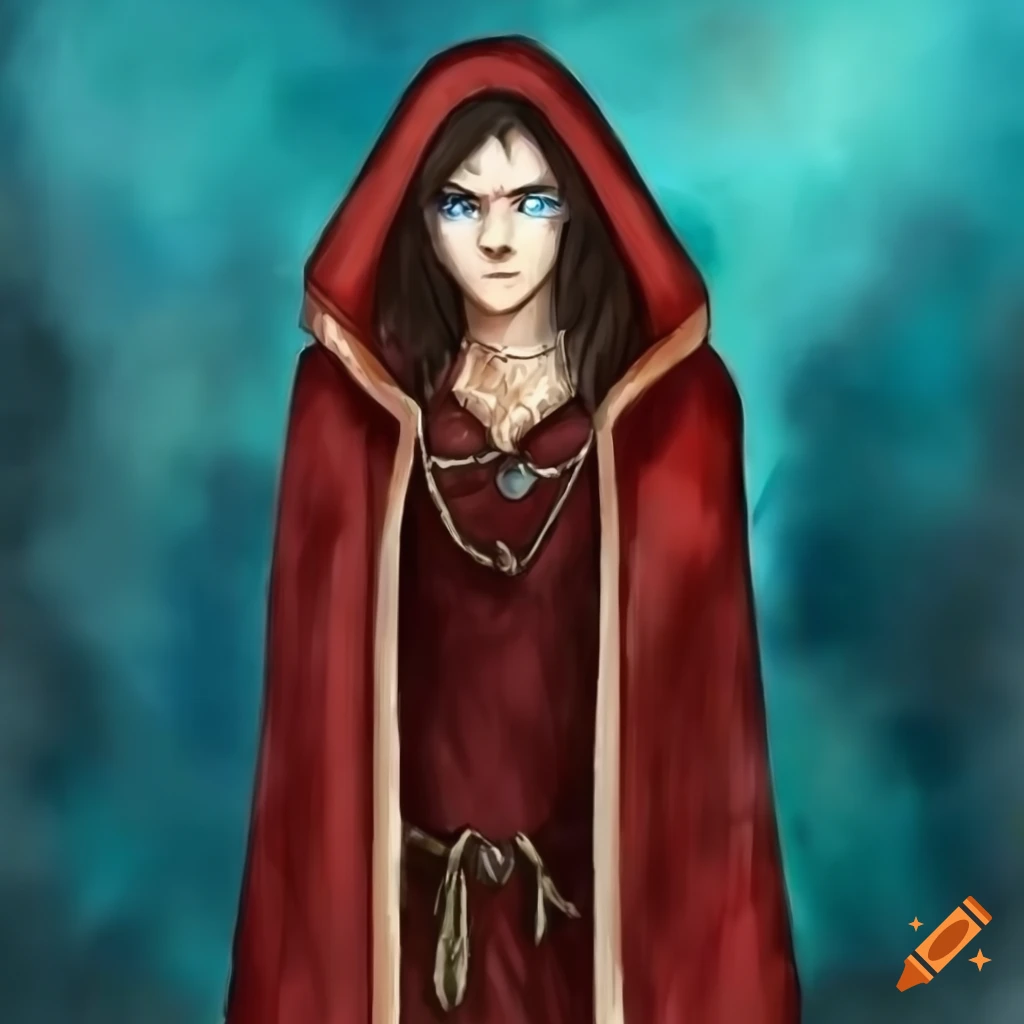 Elegant Dunlending warrior from Lord of the Rings with long wavy brown hair and dark red cloak