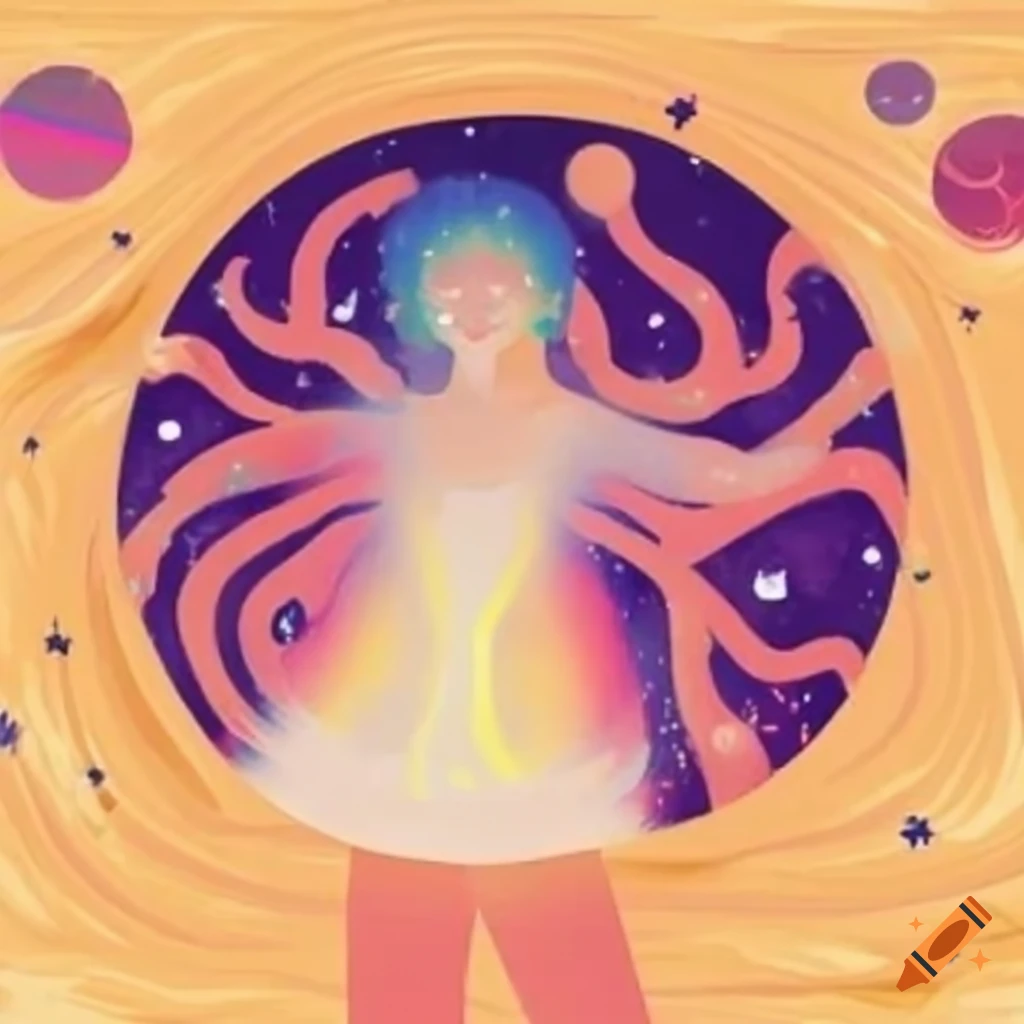 Human aura with bright warm colors and stars in an Ukiyo-e style illustration